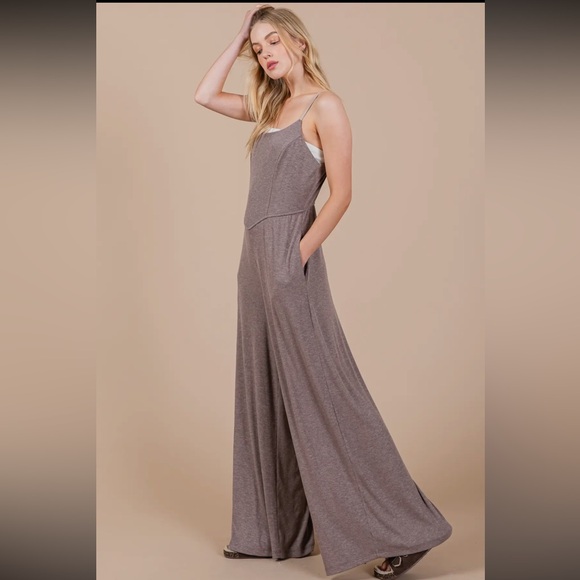 Solid Wide Leg Ribbed Knit Jumpsuit - Picture 5 of 6